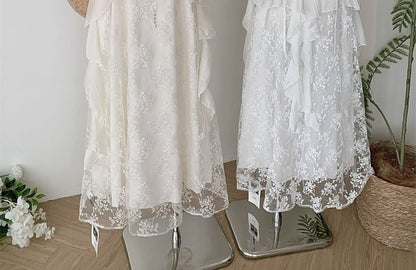 Spaghetti Strap V-Neck Lace Maxi A-Line Dress