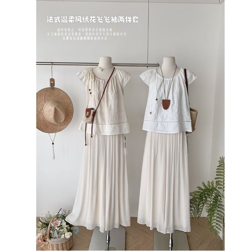 Set: Short-Sleeve Plain Top + High Rise Maxi A-Line Skirt