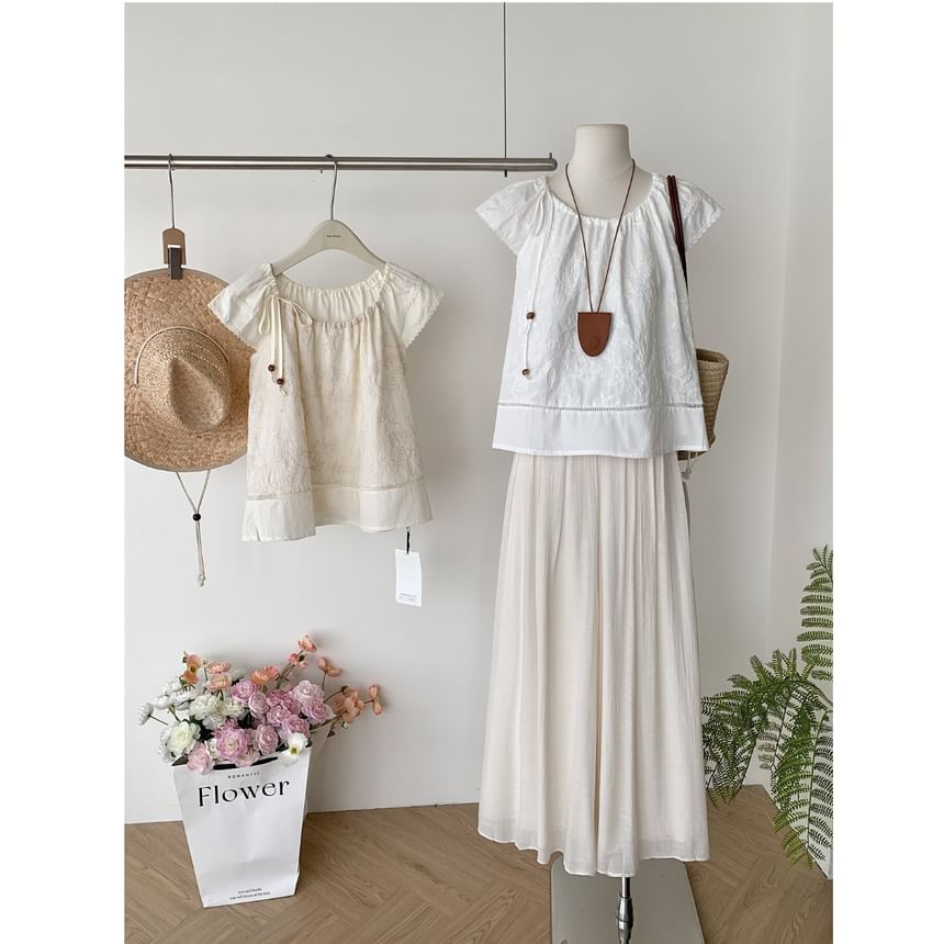 Set: Short-Sleeve Plain Top + High Rise Maxi A-Line Skirt