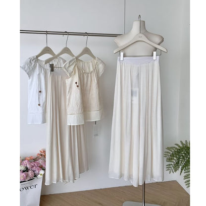 Set: Short-Sleeve Plain Top + High Rise Maxi A-Line Skirt