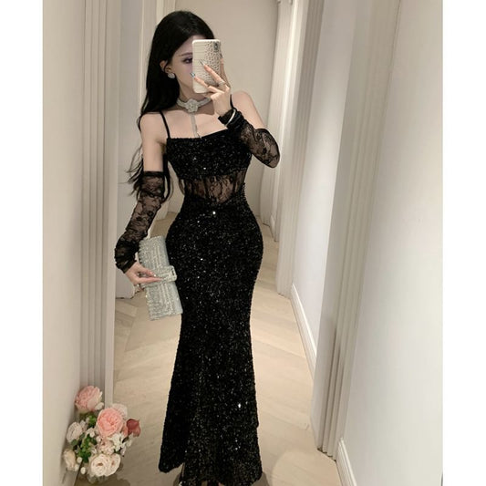 Spaghetti Strap Sequin Lace Panel Mermaid Evening Dress