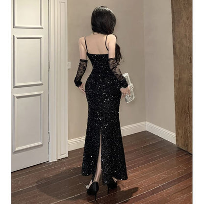 Spaghetti Strap Sequin Lace Panel Mermaid Evening Dress