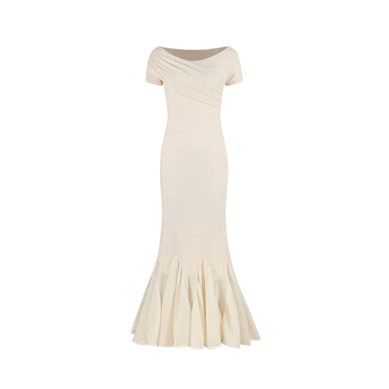 Short-Sleeve Boat Neck Rhinestone Mermaid Evening Gown