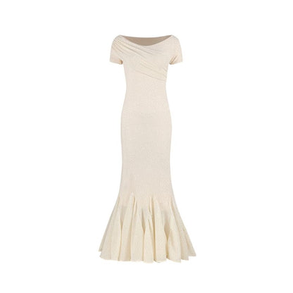 Short-Sleeve Boat Neck Rhinestone Mermaid Evening Gown