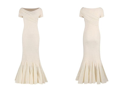 Short-Sleeve Boat Neck Rhinestone Mermaid Evening Gown