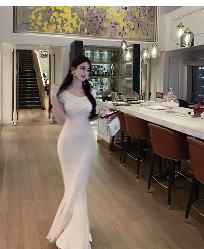 Gown Neck Boat Short-Sleeve Mermaid Rhinestone Evening