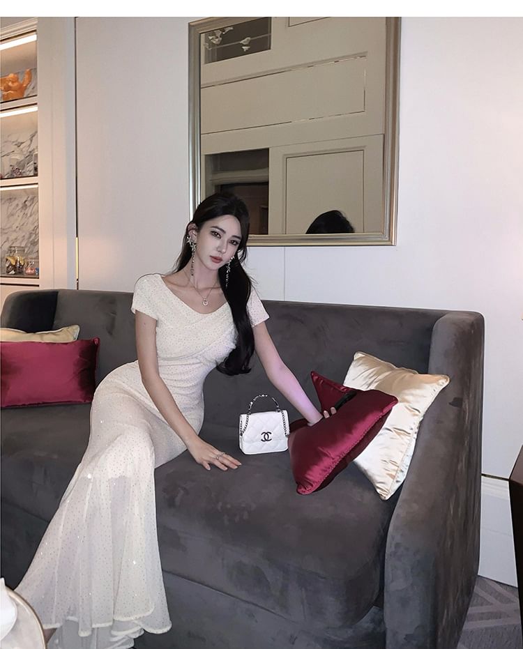 Gown Neck Boat Short-Sleeve Mermaid Rhinestone Evening