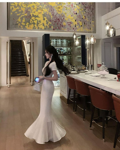 Gown Neck Boat Short-Sleeve Mermaid Rhinestone Evening