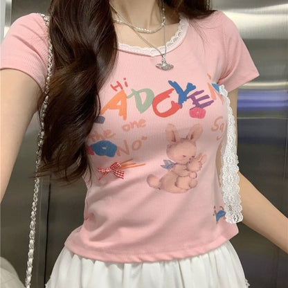 Short-Sleeve Crewneck Rabbit Print Crop Tee