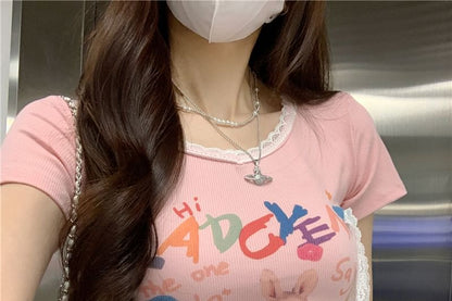 Short-Sleeve Crewneck Rabbit Print Crop Tee