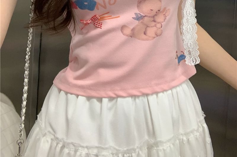 Short-Sleeve Crewneck Rabbit Print Crop Tee