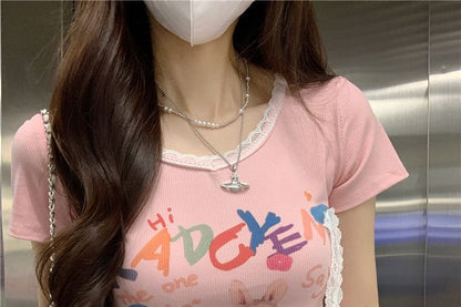 Short-Sleeve Crewneck Rabbit Print Crop Tee