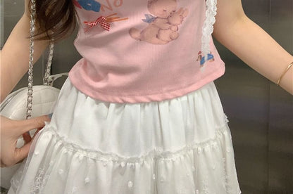 Short-Sleeve Crewneck Rabbit Print Crop Tee