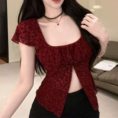 Short-Sleeve Square Neck Slit Hem Lace Top