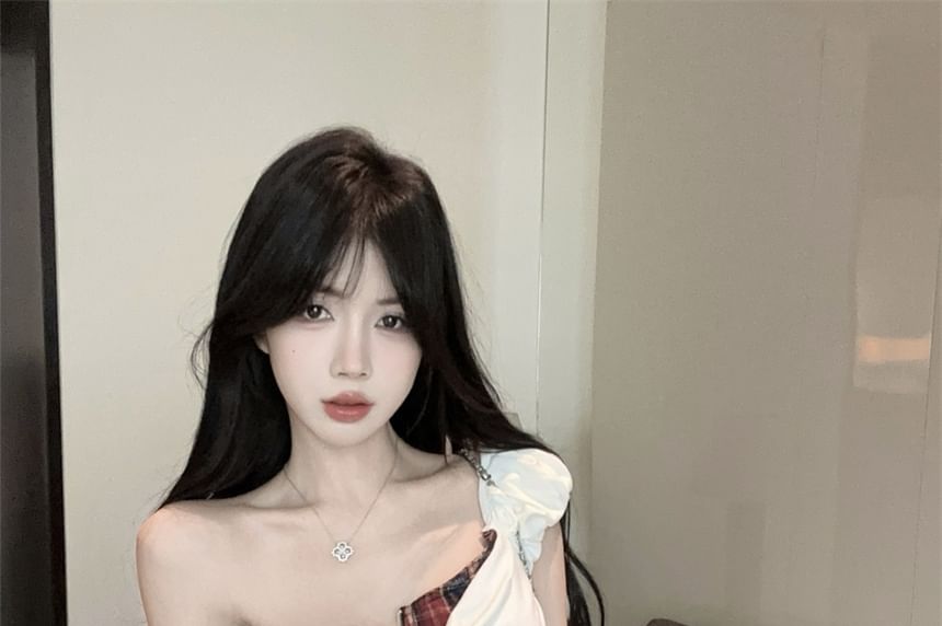 Mock Two-Piece Cap-Sleeve Plaid Trim Crop Top