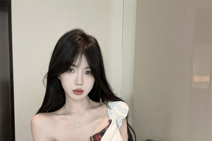 Mock Two-Piece Cap-Sleeve Plaid Trim Crop Top