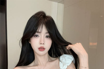 Mock Two-Piece Cap-Sleeve Plaid Trim Crop Top