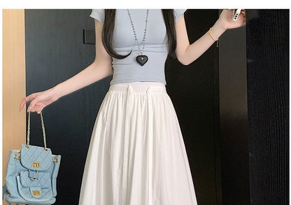 High Rise Lace Panel Maxi A-Line Skirt