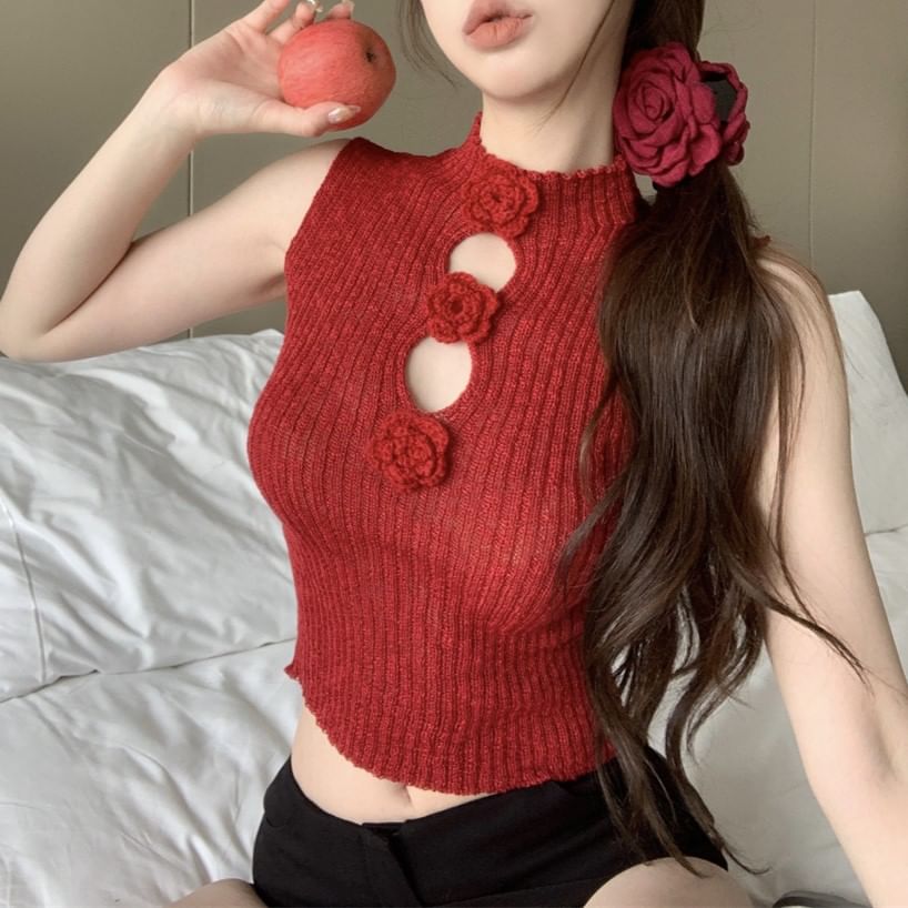 Sleeveless Mock Neck Floral Accent Crop Knit Top