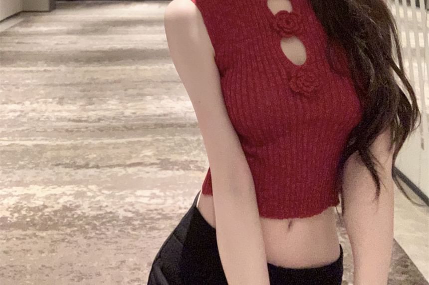 Sleeveless Mock Neck Floral Accent Crop Knit Top