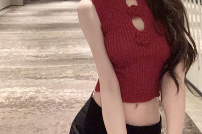 Sleeveless Mock Neck Floral Accent Crop Knit Top