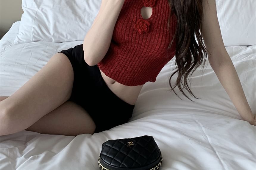 Sleeveless Mock Neck Floral Accent Crop Knit Top