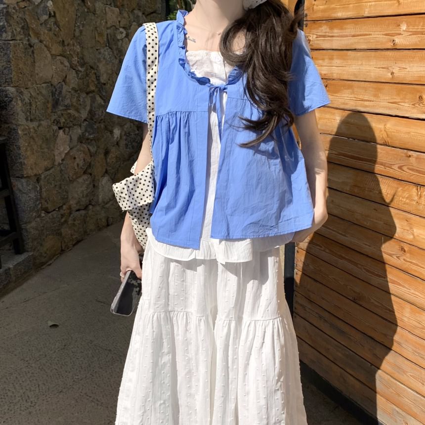 Mock Two-Piece Short-Sleeve Two Tone Top /  High Waist Maxi A-Line Skirt