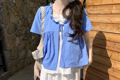 Mock Two-Piece Short-Sleeve Two Tone Top /  High Waist Maxi A-Line Skirt