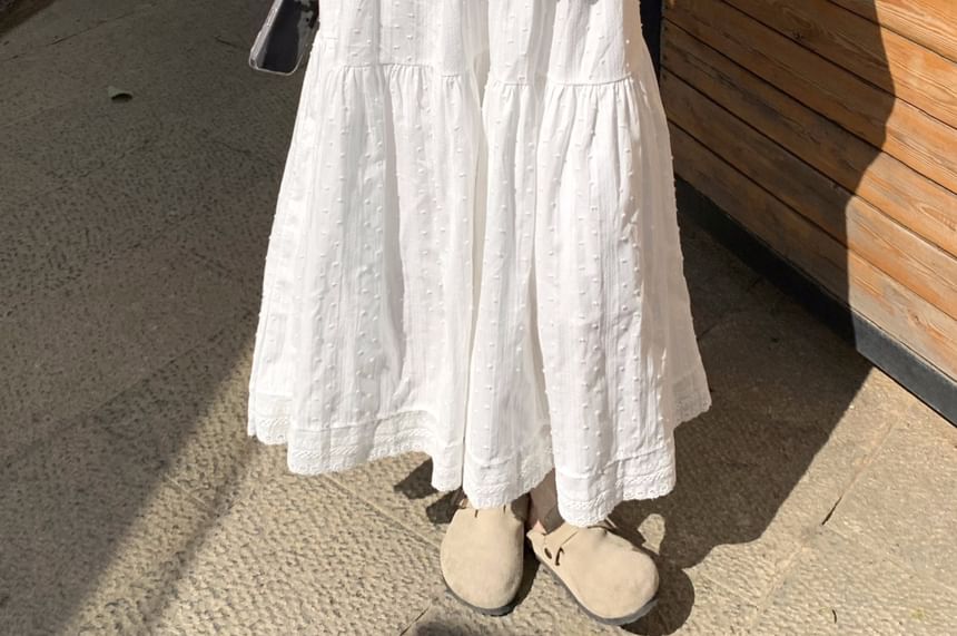 Mock Two-Piece Short-Sleeve Two Tone Top /  High Waist Maxi A-Line Skirt