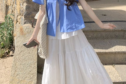 Mock Two-Piece Short-Sleeve Two Tone Top /  High Waist Maxi A-Line Skirt