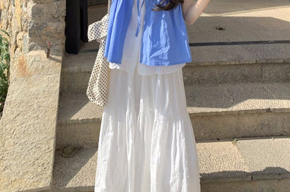 Mock Two-Piece Short-Sleeve Two Tone Top /  High Waist Maxi A-Line Skirt