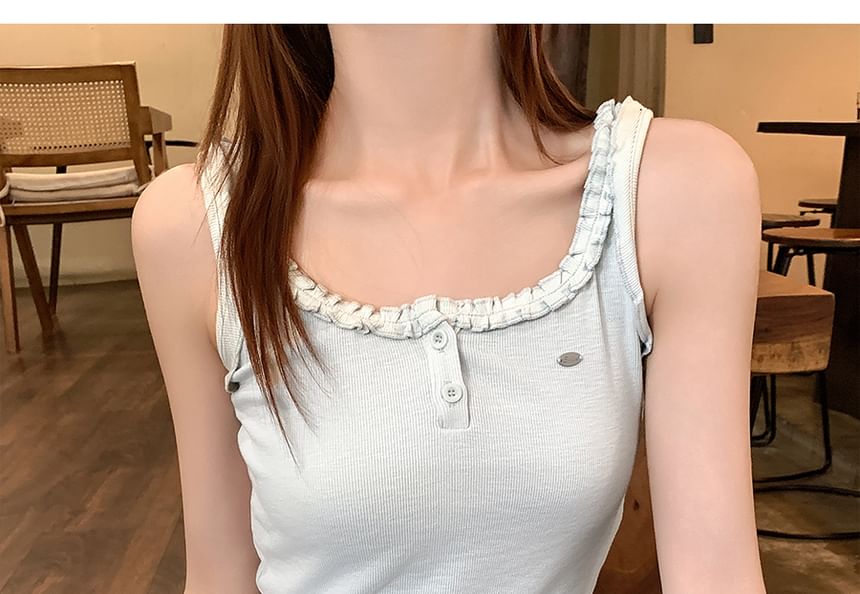Crewneck Frill Trim Plain Tank Top