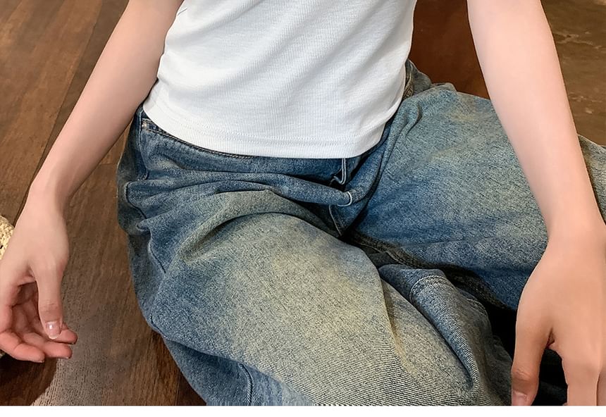 Crewneck Frill Trim Plain Tank Top