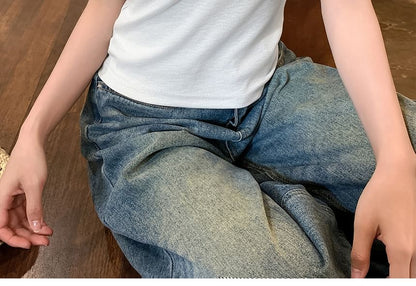 Crewneck Frill Trim Plain Tank Top