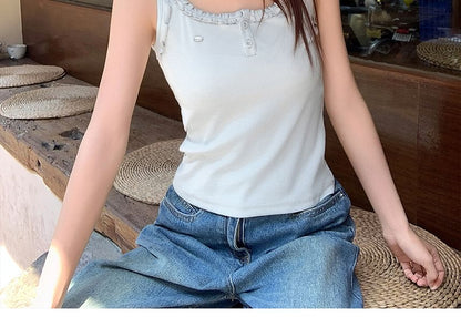 Crewneck Frill Trim Plain Tank Top