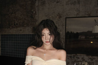 Cap-Sleeve V-Neck Plain Crop Top