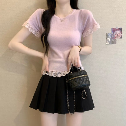 Short-Sleeve Crewneck Lace Trim Plain Tee