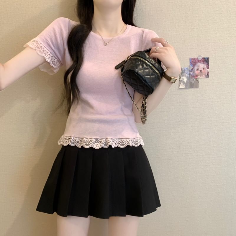 Short-Sleeve Crewneck Lace Trim Plain Tee