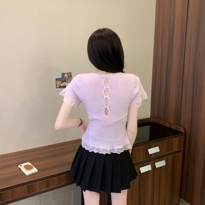 Short-Sleeve Crewneck Lace Trim Plain Tee