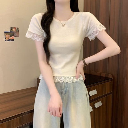 Short-Sleeve Crewneck Lace Trim Plain Tee