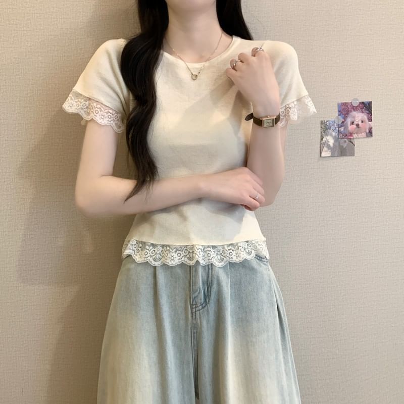 Short-Sleeve Crewneck Lace Trim Plain Tee