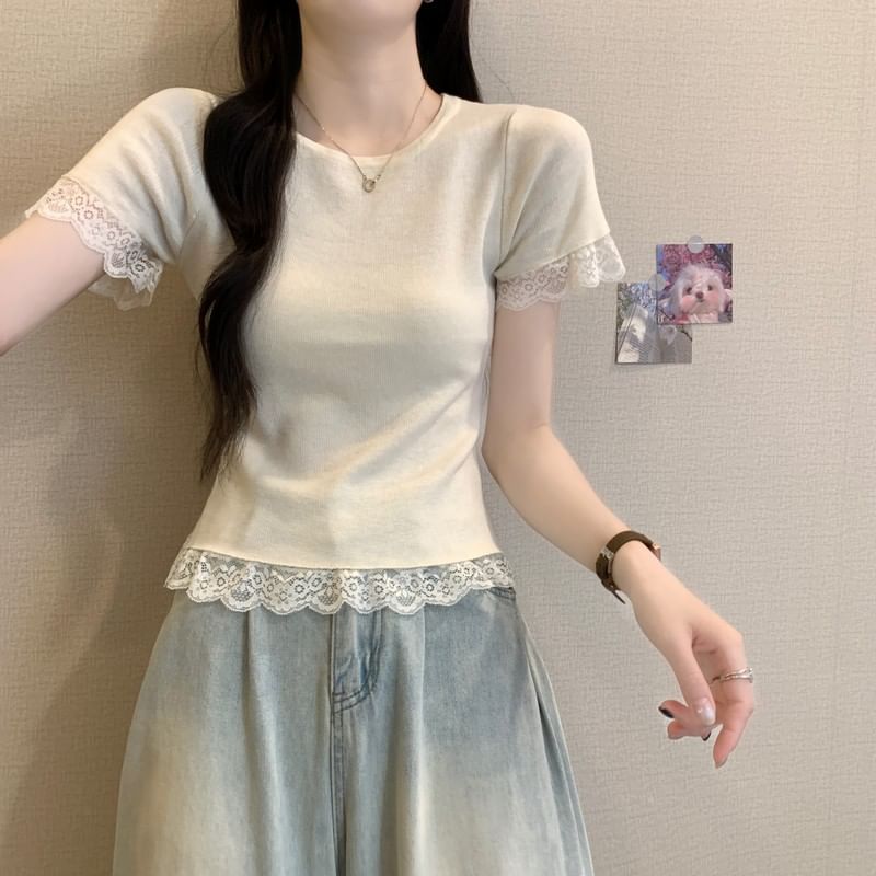 Short-Sleeve Crewneck Lace Trim Plain Tee