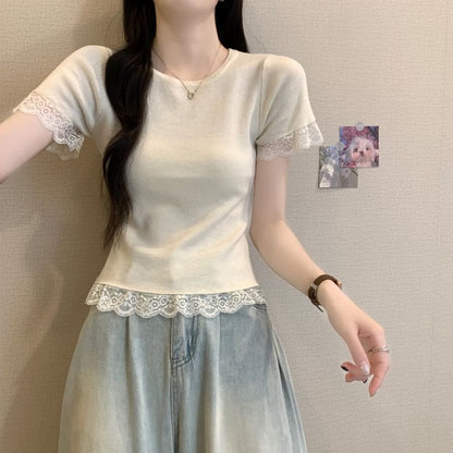Short-Sleeve Crewneck Lace Trim Plain Tee