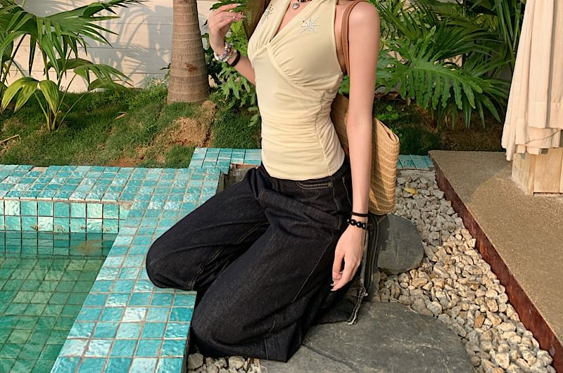 Sleeveless V-Neck Rhinestone Crop Top