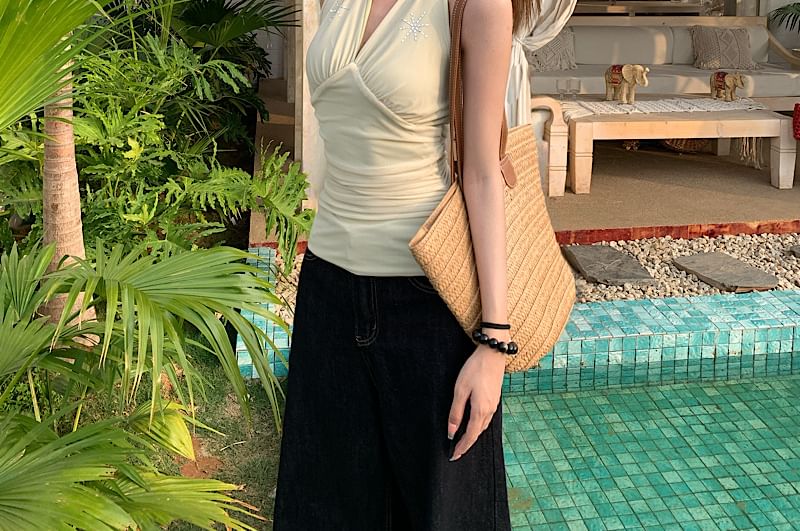 Sleeveless V-Neck Rhinestone Crop Top