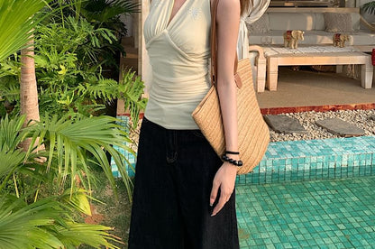 Sleeveless V-Neck Rhinestone Crop Top