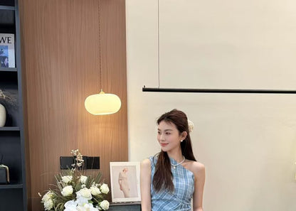 Sleeveless Asymmetrical Plaid Top