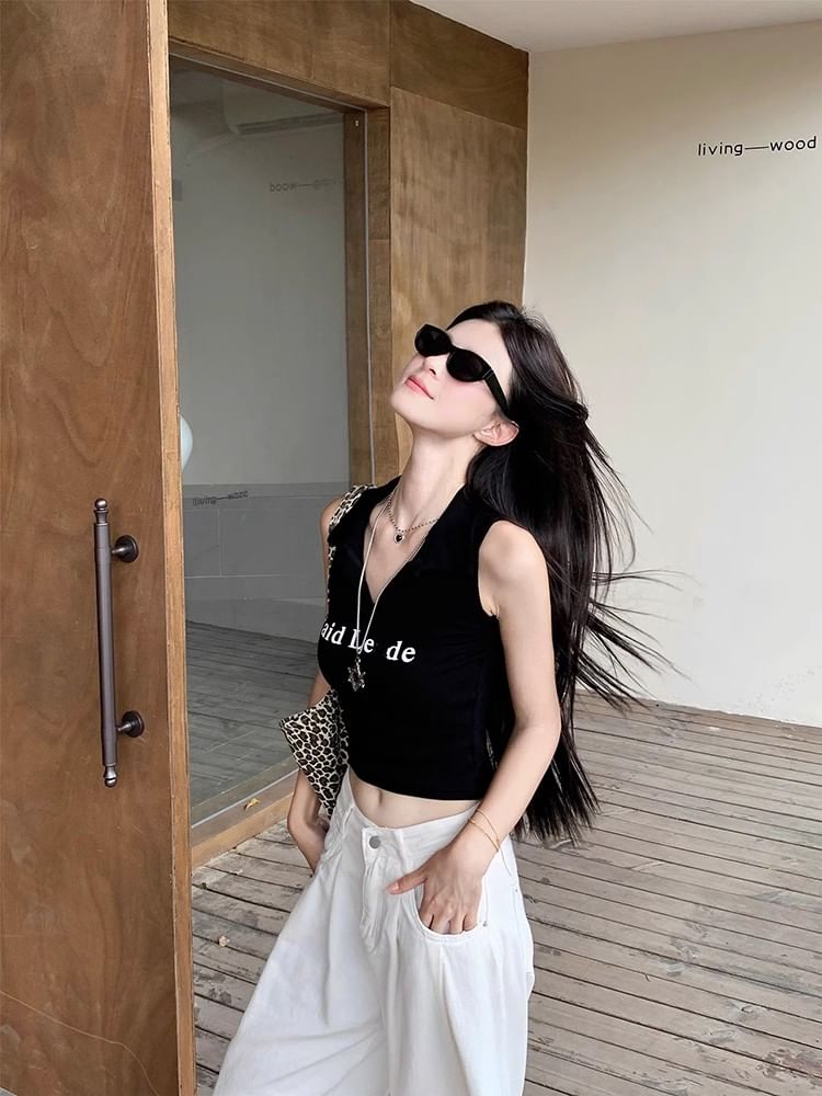 V-Neck Lettering Crop Tank Top