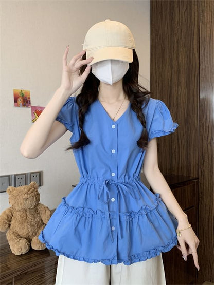 Short-Sleeve V-Neck Frill Trim Plain Flowy Shirt