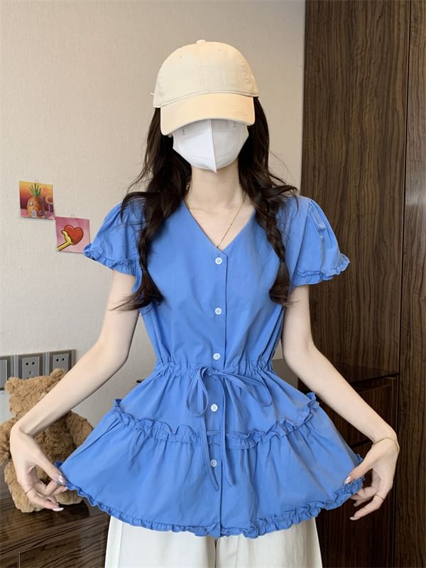 Short-Sleeve V-Neck Frill Trim Plain Flowy Shirt